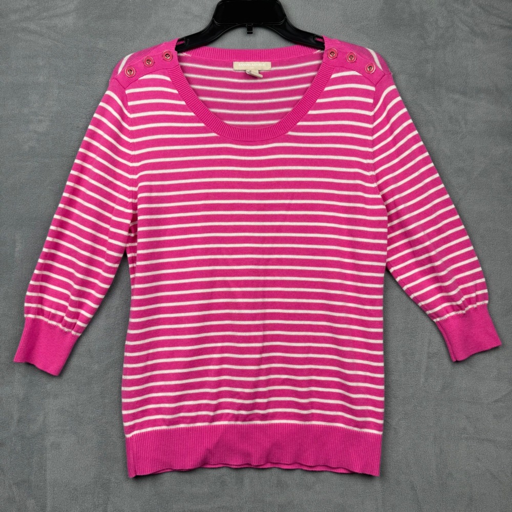 Banana Republic Petite Striped Sweater Pink 3/4 Sleeve Button Shoulder Size L‎